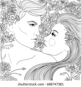 Vector beautiful couple guy and girl among blooming cornflowers, in love look