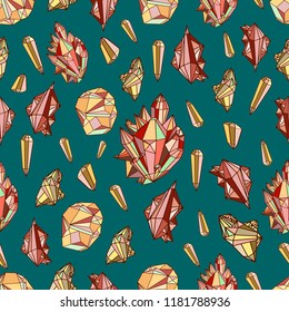 Vector beautiful crystals with green, red and gold colors seamless pattern.