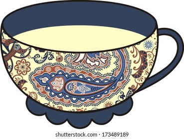 Vector beautiful cup of tea. Paisley elements.