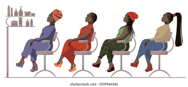 Vector beautiful curvy African American women in different clothes sit in a beauty salon with different hairstyles isolated on a white background. Care for black African hair. Afro-braids, ponytail.