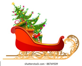 Vector beautiful, cute, detailed illustration of Santa's sleigh with gifts and Christmas tree