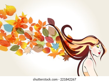 Vector beautiful, cute, hand drawn style autumn woman and leaves illustration
