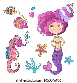 Vector Beautiful cute little siren mermaid with sea horse hippocampus, tropic fish and sea stars. Hand drawn illustration.