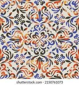 Vector beautiful damask pattern. Royal pattern with floral ornament. Seamless black, orange and blue colorful damask pattern on cream background.