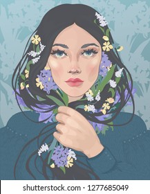 vector of a beautiful dark-haired girl with blooming spring flowers in curls