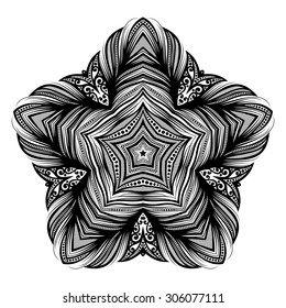 Vector Beautiful Deco Black Star, Patterned Design Element. Original Mandala with 5 Corners. Exotic Sea Fauna