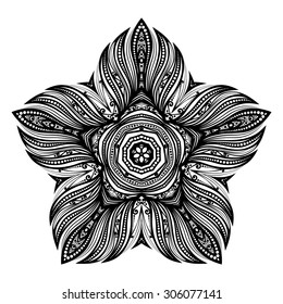 Vector Beautiful Deco Black Star, Patterned Design Element. Original Mandala with 5 Corners. Exotic Sea Fauna