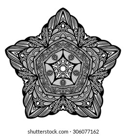 Vector Beautiful Deco Black Star, Patterned Design Element. Original Mandala with 5 Corners. Exotic Sea Fauna