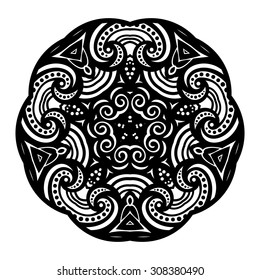 Vector Beautiful Deco Black Star, Patterned Design Element. Original Mandala with 5 Corners. Exotic Sea Fauna