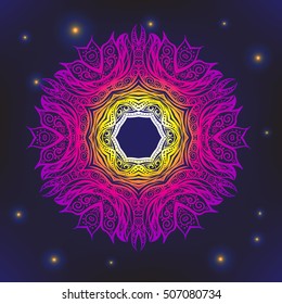 Vector Beautiful Deco Colored Mandala, Patterned Design Element, Ethnic Amulet. On space black background. Stock line vector illustration.