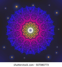 Vector Beautiful Deco Colored Mandala, Patterned Design Element, Ethnic Amulet. On space black background. Stock line vector illustration.