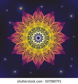 Vector Beautiful Deco Colored Mandala, Patterned Design Element, Ethnic Amulet. On space black background. Stock line vector illustration.