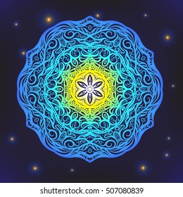 Vector Beautiful Deco Colored Mandala, Patterned Design Element, Ethnic Amulet. On space black background. Stock line vector illustration.