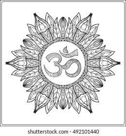 Vector Beautiful Deco Mandala with OM sign, Patterned Design Element, Ethnic Amulet. Anti stress coloring book for adult. Outline drawing coloring page. Stock line vector illustration.