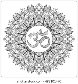 Vector Beautiful Deco Mandala with OM sign, Patterned Design Element, Ethnic Amulet. Anti stress coloring book for adult. Outline drawing coloring page. Stock line vector illustration.
