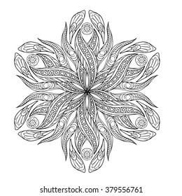 Vector Beautiful Deco Mandala, Patterned Design Element, Ethnic Amulet. Good for Coloring book for adult and older children. Coloring page. Outline drawing.
