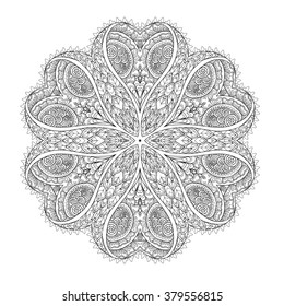 Vector Beautiful Deco Mandala, Patterned Design Element, Ethnic Amulet. Good for Coloring book for adult and older children. Coloring page. Outline drawing.
