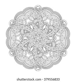 Vector Beautiful Deco Mandala, Patterned Design Element, Ethnic Amulet. Good for Coloring book for adult and older children. Coloring page. Outline drawing.
