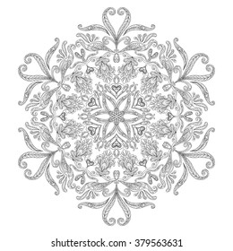 Vector Beautiful Deco Mandala, Patterned Design Element, Ethnic Amulet. Good for Coloring book for adult and older children. Coloring page. Outline drawing.
