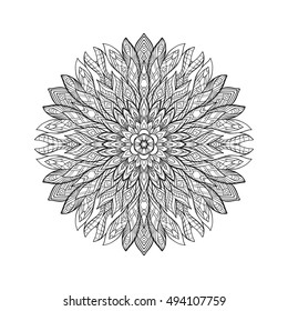 Vector Beautiful Deco Mandala, Patterned Design Element, Ethnic Amulet. Anti stress coloring book for adult. Outline drawing coloring page. Stock line vector illustration.