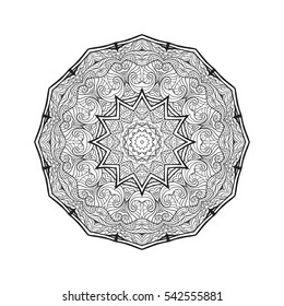 Vector Beautiful Deco Mandala, Patterned Design Element, Ethnic Amulet. Anti stress coloring book for adult. Outline drawing coloring page. Stock line vector illustration.