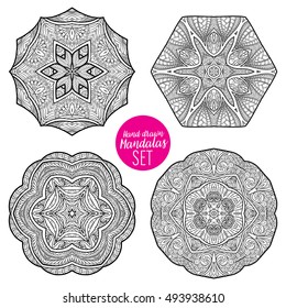 Vector Beautiful Deco Mandala set, Patterned Design Element, Ethnic Amulet. Anti stress coloring book for adult. Outline drawing coloring page. Stock line vector illustration.
