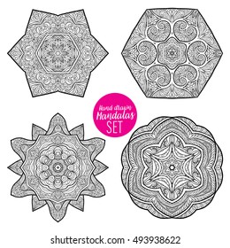Vector Beautiful Deco Mandala set, Patterned Design Element, Ethnic Amulet. Anti stress coloring book for adult. Outline drawing coloring page. Stock line vector illustration.