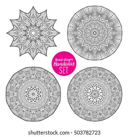 Vector Beautiful Deco Mandala set, Patterned Design Element, Ethnic Amulet. Anti stress coloring book for adult. Outline drawing coloring page. Stock line vector illustration.