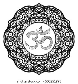 Vector Beautiful Deco Mandalawith OM sign, Patterned Design Element, Ethnic Amulet. Anti stress coloring book for adult. Outline drawing coloring page. Stock line vector illustration.