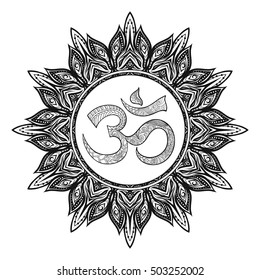Vector Beautiful Deco Mandalawith OM sign, Patterned Design Element, Ethnic Amulet. Anti stress coloring book for adult. Outline drawing coloring page. Stock line vector illustration.
