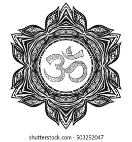 Vector Beautiful Deco Mandalawith OM sign, Patterned Design Element, Ethnic Amulet. Anti stress coloring book for adult. Outline drawing coloring page. Stock line vector illustration.