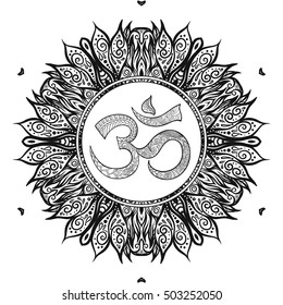 Vector Beautiful Deco Mandalawith OM sign, Patterned Design Element, Ethnic Amulet. Anti stress coloring book for adult. Outline drawing coloring page. Stock line vector illustration.