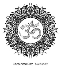 Vector Beautiful Deco Mandalawith OM sign, Patterned Design Element, Ethnic Amulet. Anti stress coloring book for adult. Outline drawing coloring page. Stock line vector illustration.