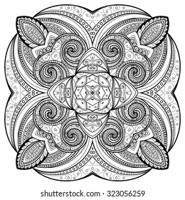 Vector Beautiful Deco Monochrome Contour Mandala, Patterned Design Element, Ethnic Amulet
