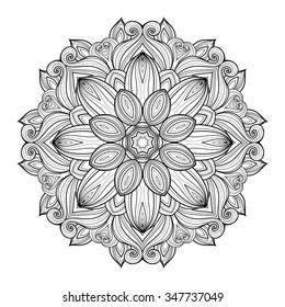 Vector Beautiful Deco Monochrome Contour Mandala, Patterned Design Element, Ethnic Amulet