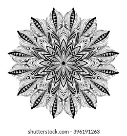 Vector Beautiful Deco Monochrome Contour Mandala, Patterned Design Element, Ethnic Amulet