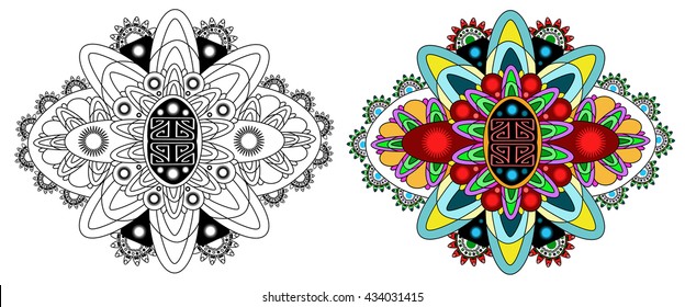 Vector beautiful deco monochrome contour mandala, patterned design element, ethnic amulet. Doodling style.