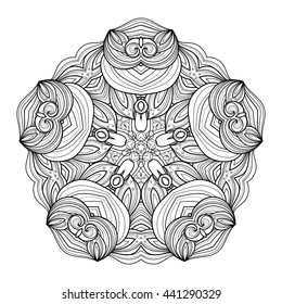 Vector Beautiful Deco Monochrome Contour Star, Patterned Design Element. Original Mandala with 5 Corners. Exotic Sea Fauna