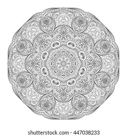 Vector Beautiful Deco Monochrome Contour Mandala, Patterned Design Element, Ethnic Amulet