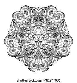 Vector Beautiful Deco Monochrome Contour Star, Patterned Design Element. Original Mandala with 5 Corners. Exotic Sea Fauna