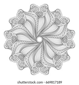 Vector Beautiful Deco Monochrome Contour Mandala. Patterned Design Element, Indian Ethnic Amulet