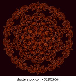 Vector Beautiful Deco orange Contour Mandala on dark, Patterned Design Element, Ethnic Amulet