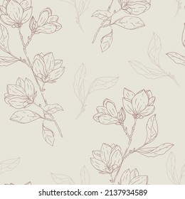 Vector Beautiful Delicate Magnolia Floral Branches in Warm Shades seamless pattern background. Perfect for fabric, scrapbooking and wallpaper projects.