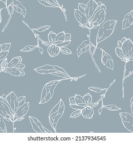 Vector Beautiful Delicate Magnolia Florals Lineart on Sky Blue seamless pattern background. Perfect for fabric, scrapbooking and wallpaper projects.