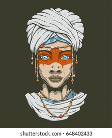 Vector beautiful desert tribal woman with blue eyes. Young girl in national costume of african tribal nomads. Turban, beads, face paint, feathers. Face front, vector illustration isolated on white.