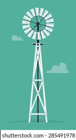 Vector beautiful detailed agricultural design element on retro water pump windmill tower. Ideal for organic and craft farming and grocery promotion materials like posters and other prints