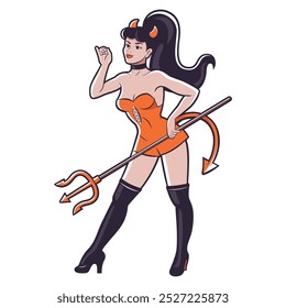 Vektor Schöner Teufel Mädchen Cartoon Pin Up Retro Style Illustration isoliert