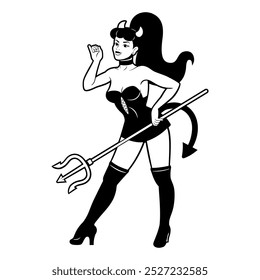 Vector Hermosa chica del diablo de dibujos animados Pin Up estilo retro ilustración aislada