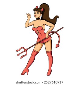Vector Hermosa chica del diablo de dibujos animados Pin Up estilo retro ilustración aislada
