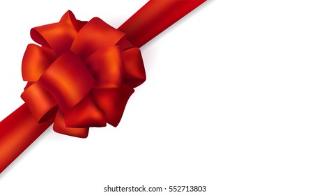 Vector beautiful diagonal red gift silk bow with transparent shadow isolated on white background